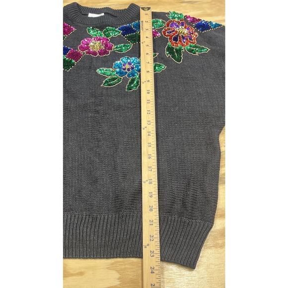 Vintage Mr Noah Floral Christmas Sweater Embroidery Sequins Black Size Medium - Picture 12 of 13